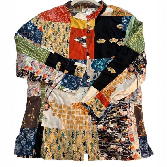Citron Santa Monica Silk Linen Patchwork Japanese Art Blouse Jacket M Artisan - Picture 2 of 12